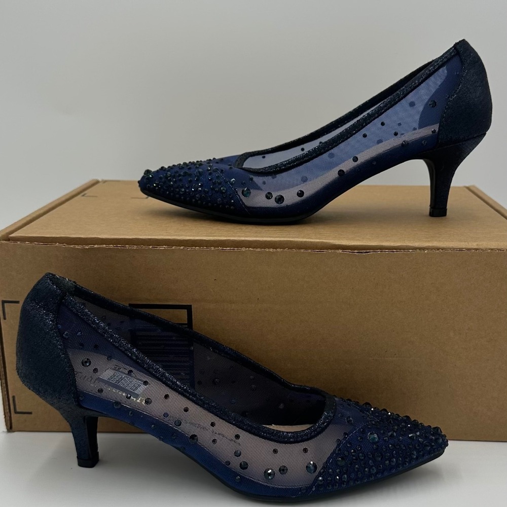 Lady Couture Pumps Womens 36/6 Navy Blue Rhinestone Mesh Kitten Heel Evening